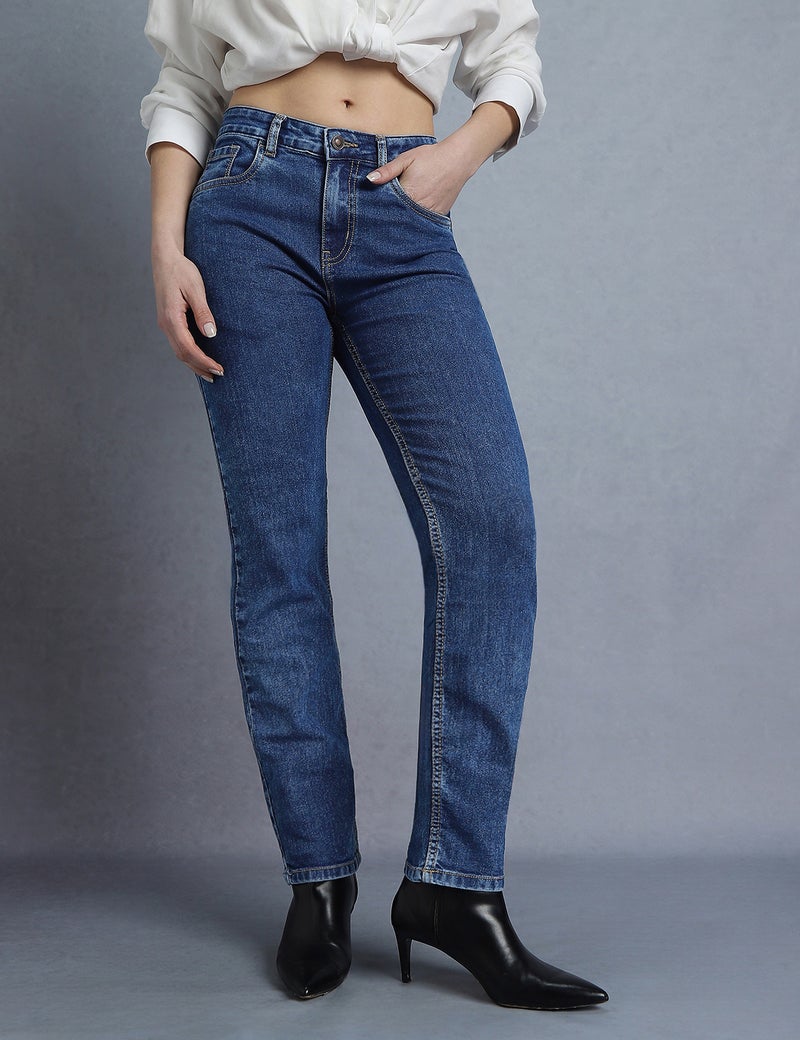 inkd جينز نسائي مستقيم - متوسط الارتفاع | مزيج القطن | قماش قابل للتمدد | تصميم كلاسيك 5 بوكت - Image 1